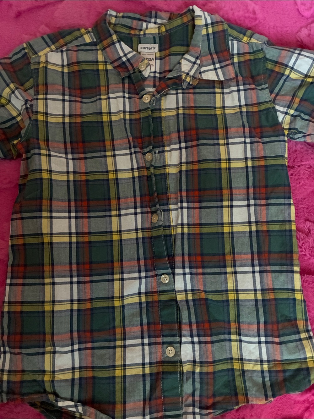 Carter's Green, White & Yellow Plaid Short-Sleeve Button-Down Shirt